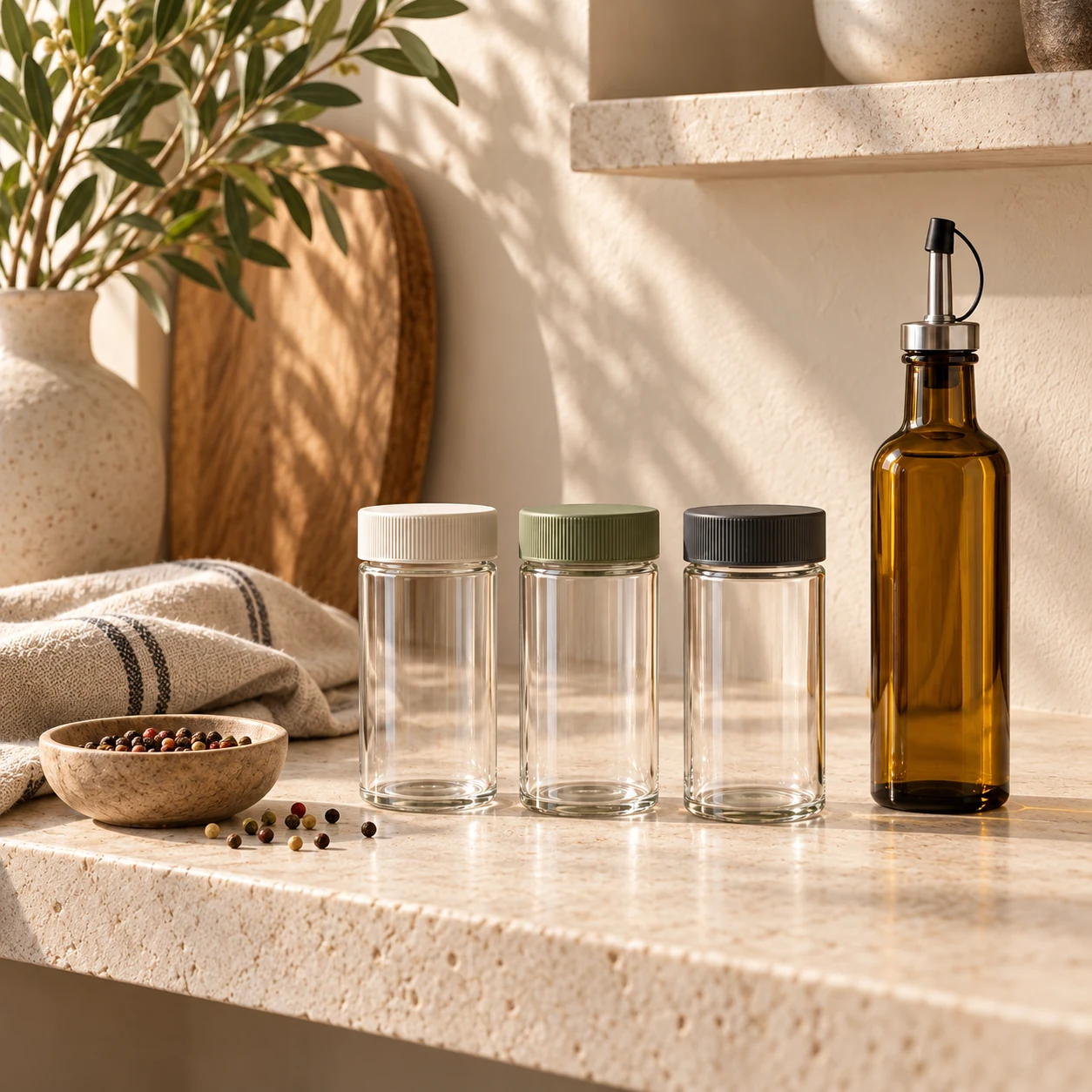 Warm natural textures and everyday seasoning objects in a minimal kitchen